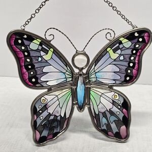 AMIA Stained Glass Purple Blue Butterfly Suncatcher Boho Garden Window Art